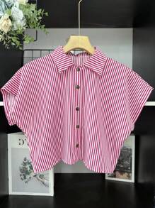 ELLIE Loose Striped Print Casual Cropped Shirt - 粉色 - 查看 1