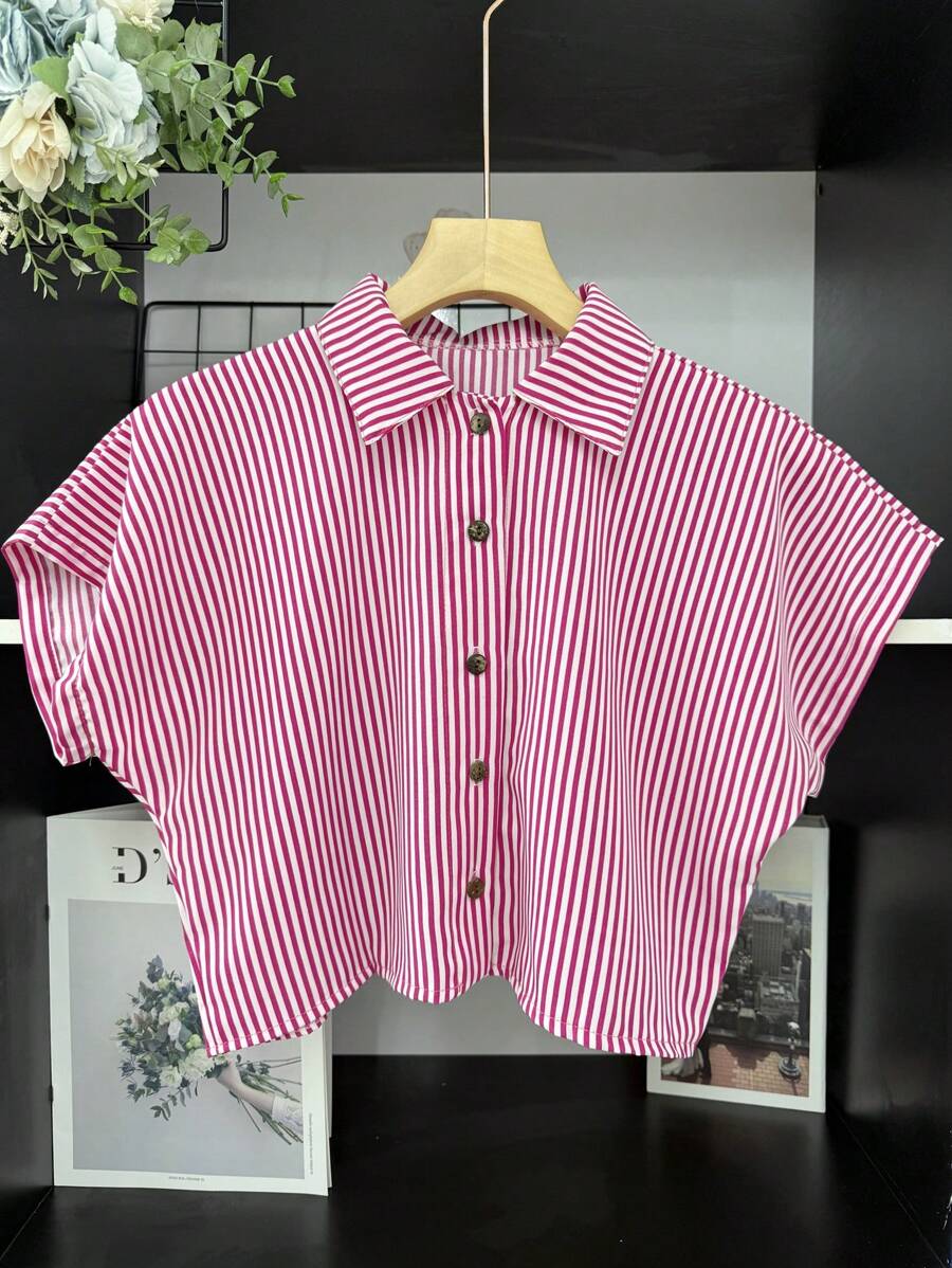 ELLIE Loose Striped Print Casual Cropped Shirt - 粉色 - 查看 1