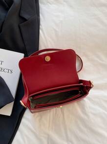 翻盖方形包金属装饰复古纯色方形单肩包百搭翻盖腋下钱包女士简约腋下包，勃艮第包和新年理想礼物，时尚商务休闲女士包，非常适合办公室、商务和工作，时尚勃艮第包 - 酒紅色 - 查看 8