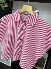 ELLIE Loose Striped Print Casual Cropped Shirt - 粉色 - 查看 2