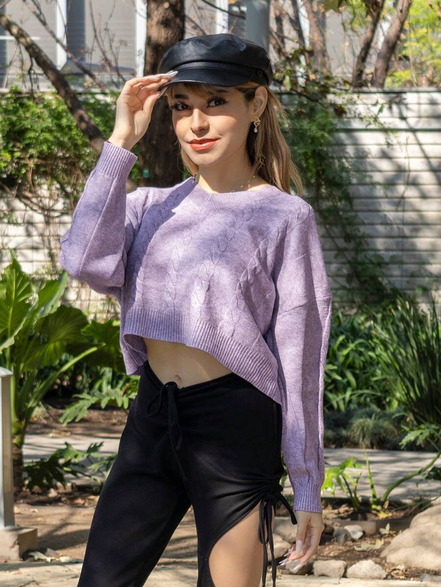 Women's Short Sweater Pullover Long Sleeve Round Neck Braided Design, Short Women's Sweater - 紫色 - 查看 1