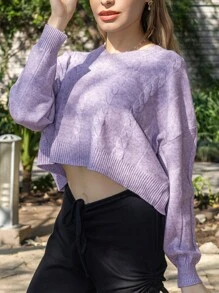 Women's Short Sweater Pullover Long Sleeve Round Neck Braided Design, Short Women's Sweater - 紫色 - 查看 2