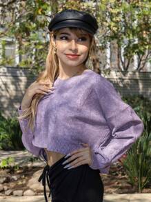 Women's Short Sweater Pullover Long Sleeve Round Neck Braided Design, Short Women's Sweater - 紫色 - 查看 3