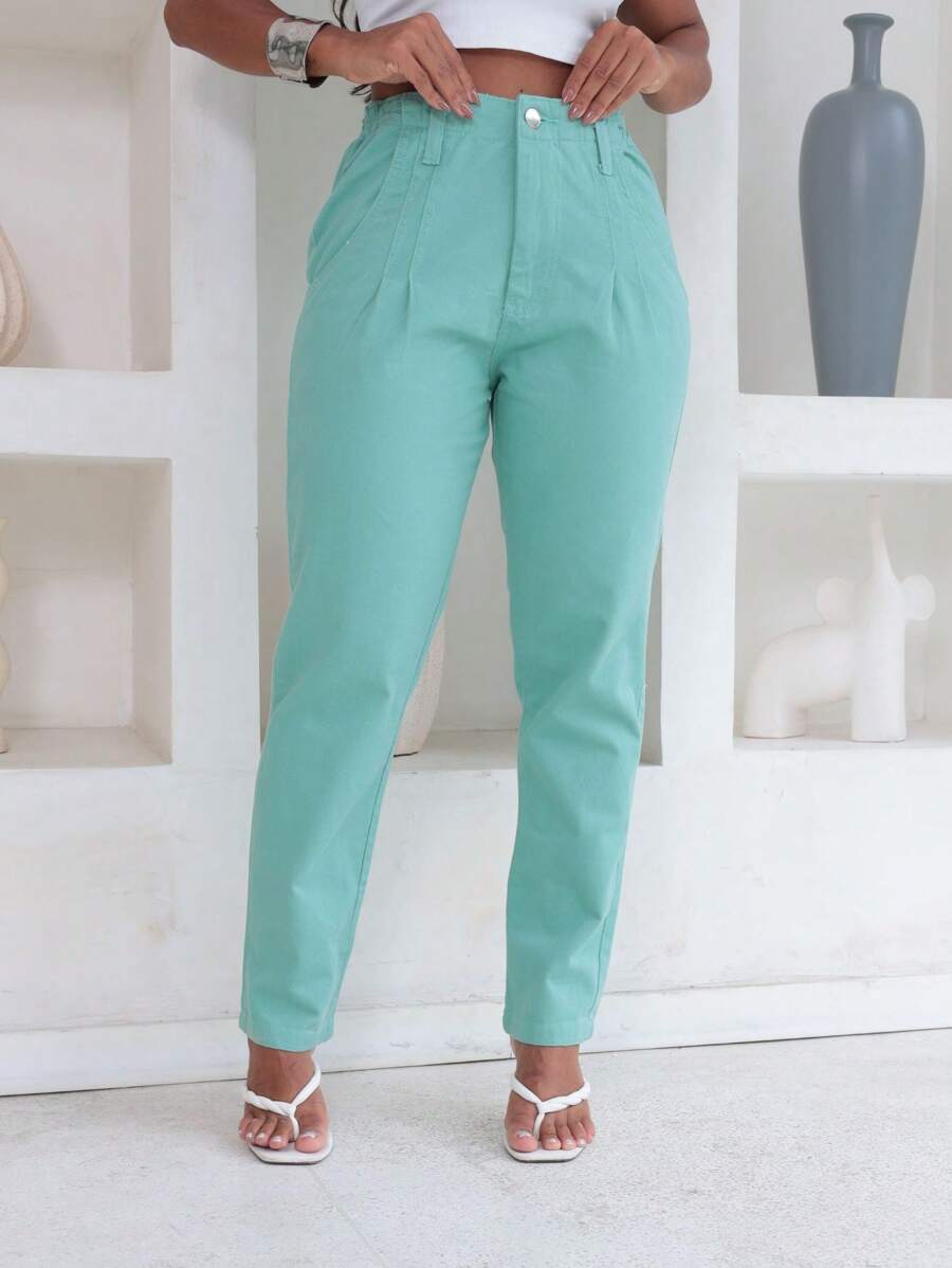 Traditional Women's Jeans With Iron Button - Mint Green - View 1