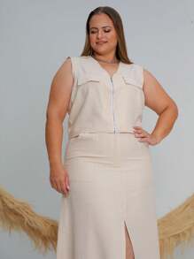 Plus Size Set Cropped Front Zipper And Long Slit Skirt - Cream - View 4