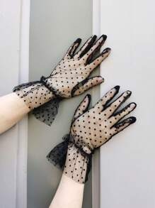1 Pair Women's Black Or White Mesh Short Full Finger Gloves, Elegant Polka Dot Design, Made Of Polyester Fiber, Suitable For Street Wear, Party, Dating, Beach, Casual Occasions, Holiday, Wedding, School, Vacation, Birthday Party, Mature Gift, Single Party, Spring/Summer - A - View 2