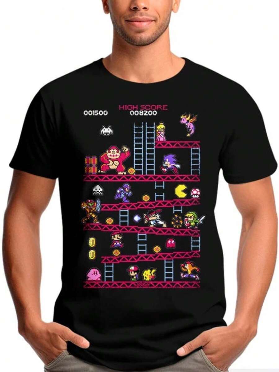 Kong Platform T-Shirt Video Game Geek Game Shirt Blouse Unisex Male Female 100% Cotton Top Premium Streetwear Launch Immediate Shipping Various Colors!! Plus Size - 黑色 - 查看 1