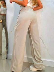 Women's Tailored Wide Leg Trousers With Button And Zipper - Khaki - View 2