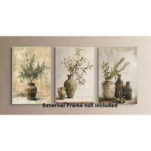 3pcs Modern Retro Olive Branch Canvas Wall Art Set - Framed, Wrapped Cloth Paintings For Living Room Decor 16*24inch*3