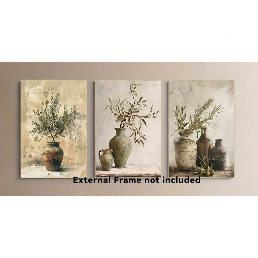 3pcs Modern Retro Olive Branch Canvas Wall Art Set - Framed, Wrapped Cloth Paintings For Living Room Decor 16*24inch*3