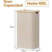 Lifewit Cesto para la Ropa Sucia de 100 L con Tapa, Cesta para la Colada con Asas de Bambú y Bolsa Extraíble, Cesto de Ropa Plegable Grande para Dormitorio, Cuarto de Baño, Dormitorio, Lavadero, Negro - Beis - Ver 4