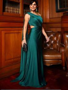 Bridesmaid Dress For Graduation Guests With Cape Sleeves In Satin Trilobal, Fuchsia, Olive Green, Emerald, Terracotta, White Or Black Bride - Xanh ngọc lục bảo - Xem 2