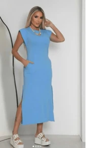 Long, Loose, Elegant, Casual Dress With Pockets In Sweatshirt Fabric With Fashionable Sleeves. - Baby Blue - View 3