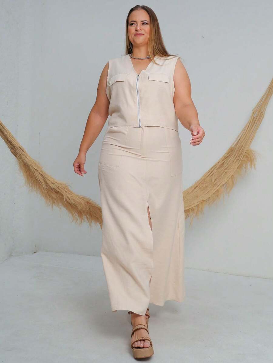 Plus Size Set Cropped Front Zipper And Long Slit Skirt - Cream - View 1