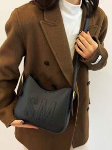 女士纯色手提包简约大容量单肩水桶包斜挎包，金属装饰，休闲 PU 面料日间购物礼物 - 黑色 - 查看 2