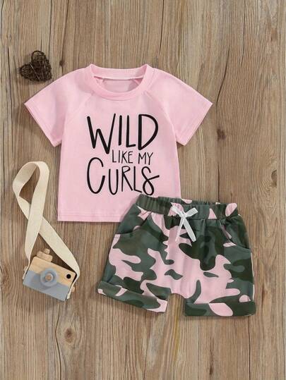 Little Girl 2 Piece Set Short Sleeve Round Neck Tops + Elastic Waist Camouflage Print Shorts Infant Toddler Summer Outfits