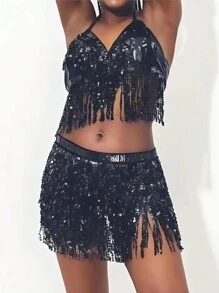 Conjunto Top e Saia de Franjas de Amarrar Paetês Lantejoulas Festa Carnaval Show Festivais Tamanho ÚnicoPoliéster