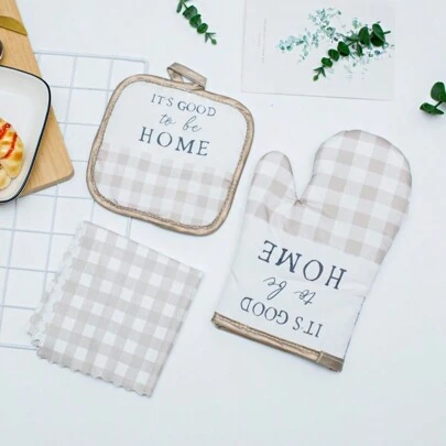 1pc Bee Printed Oven Mitt, 1pc Heat-Resistant Pad, 1pc Towel