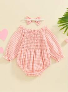 Infant Baby Girls Romper Ruffle Sleeve Pleated Smocked Bubble Plaid One Piece Ruched Jumpsuit Spring Fall Bodysuit - Rosa - Ver 2