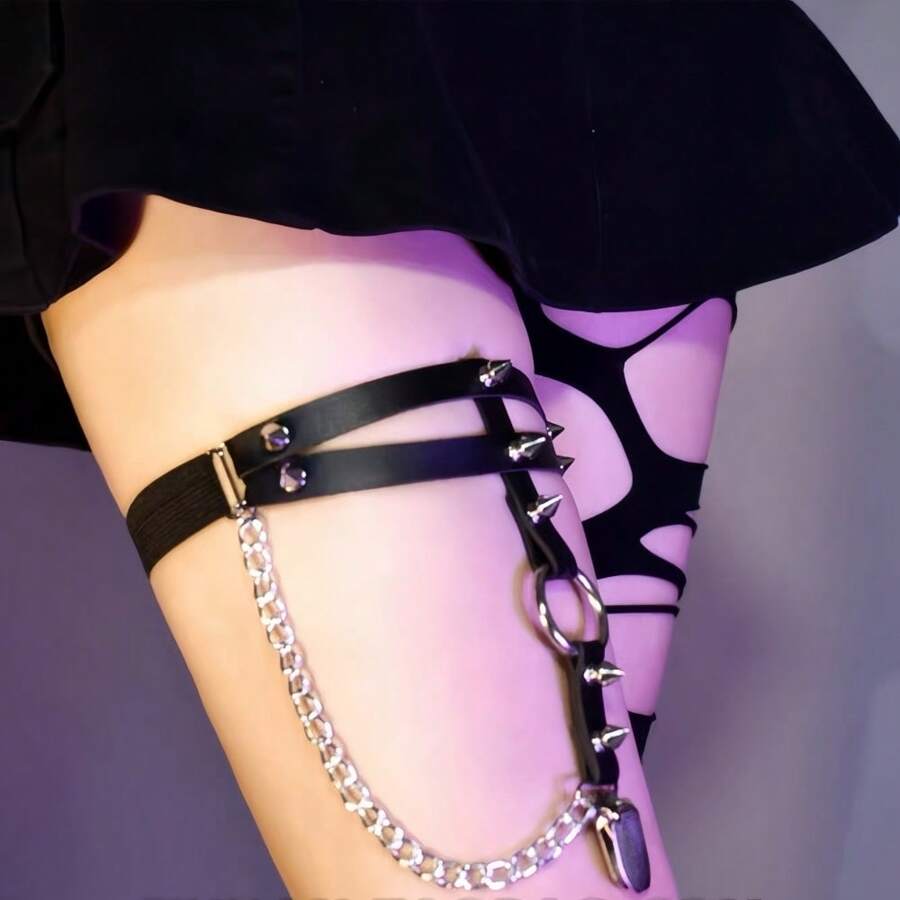 1 件女士 PU 皮革朋克风格链条和铆钉装饰吊袜带，时尚深色性感配饰，适合派对、舞蹈表演 - 黑色 - 查看 1