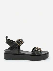 Where’s That From ISABEL DOUBLE BUCKLE STRAP PLATFORM SANDALS - Black PU - View 2