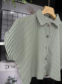 ELLIE Casual Striped Print Loose Cropped Shirt - 綠色 - 查看 3