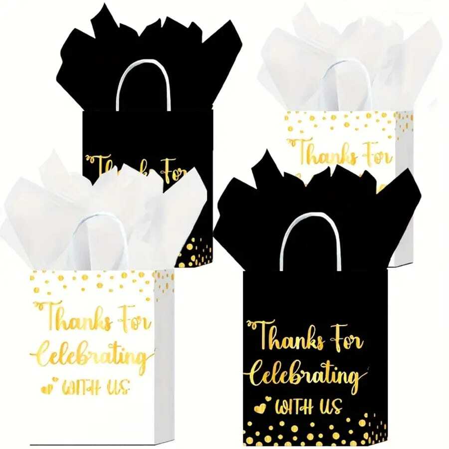 24 个金箔礼品袋，带手柄的黑色纸袋，适用于婚礼、商务、购物、生日、派对礼品、小型商务用品（黑色/白色） - 彩色 - 查看 1