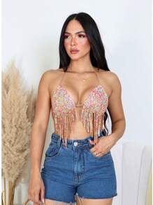 Multicolored Rhinestone Ruffle Cropped Top With Carnival Frills - 多彩的 - 查看 2
