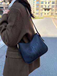 女士纯色手提包简约大容量单肩水桶包斜挎包，金属装饰，休闲 PU 面料日间购物礼物 - 黑色 - 查看 5