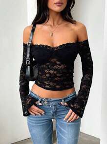 Y2K Women Sexy Fitted Off Shoulder Long Sleeve Lace Blouse