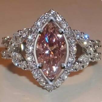 Elegant Silver-Plated Copper Ring With Pink And Clear Cubic Zirconia - Luxury, Sparkling Bridal Engagement Ring, Suitable For Wedding/Cocktail Party - Ideal Valentine's Day Gift