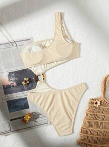 Solid Jacquard One Shoulder Women's One-Piece Sexy Swimsuit For Spring And Summer Vacation Bikini - Apricot - View 4