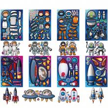 Set de 8 piezas/16 piezas de pegatinas con rompecabezas DIY de astronauta, cohete y planeta, manualidades, recuerdos de fiesta, regalo de cumpleaños, libro de pegatinas