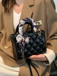 Quilted Pattern Solid Color PU Handbag With Pendant Decoration, Versatile Elegant Women's Crossbody Bag - Black - View 3