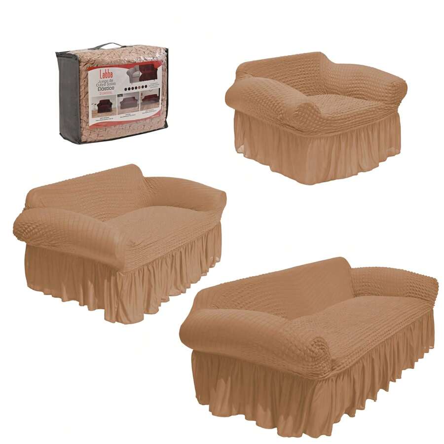 Stretch Fit Room Cover Protector Bubble Skirt 3 Pieces - Brown - View 1