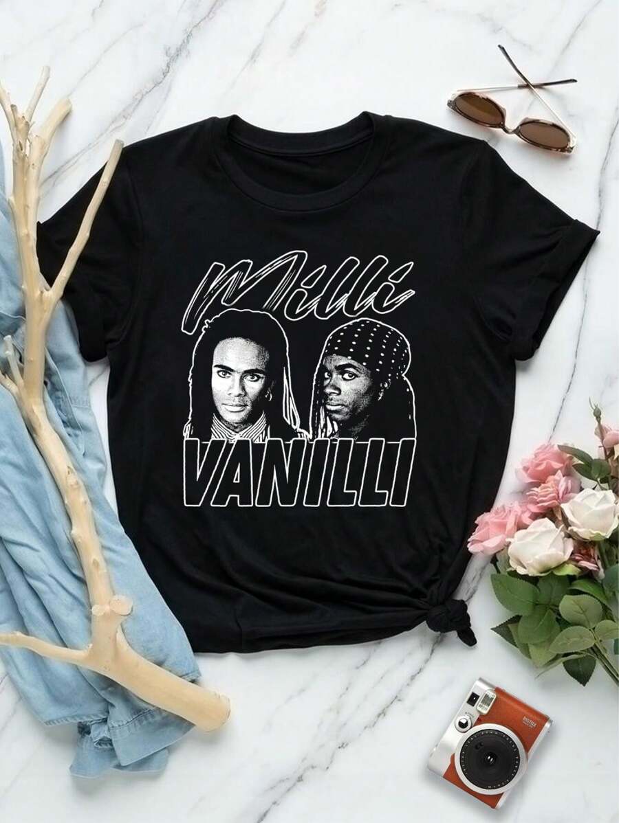 Lovers T-Shirts Milli Vanilli Vintage Tribute - Girlfriend Gift Fashion DJ Style T-Shirt For Karaoke Singers Mall Shoppers - Black - View 1