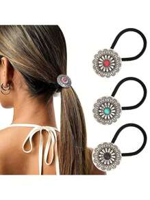 3pcs Mixed Button Imitation Turquoise Hair Cord Leather Band Tie Hair Women's High Stretch French Vintage Hair Tie Hair Accessories Ponytail Holders Hair Elastics Hair Rubber Bands Scrunchies Hair Rope Elastic Hair Tie, Hair Bobbles Head Accessories Elastic Band - Multicolor - View 13