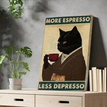 Room Decor 1pc Whimsical Black Cat Coffee Canvas Wall Art, Framed Humorous Poster, Unique Artwork For Coffee Lovers, Ideal For Coffee Shops, Bars, Pubs, Home Kitchens, Ready-To-Hang Gift For Cat Enthusiasts