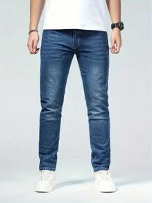 Jeans de Pierna Recta y Ajuste Delgado para Hombre - Pantalones de Mezclilla Casuales y Listos para Negocios, Mezcla de Algodón Elástico, Cintura Media