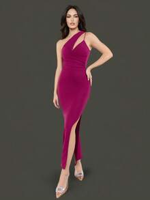 Made in Italy Elegant Long Dress with split. One shoulder dress with cut-out detail and stretch fabric. Midi dress with one shoulder and side slit. Ideal for Dinner outfit, Night out outfit, Ball dress, Clubbing outfit, Dating outfit, San Valentine's' outfit, Prom dress, graduation dress, wedding guest dress - 玫紅色 - 查看 3