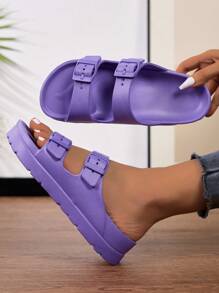 New Fashion Women Sandals With Double Buckle Design, EVA Lightweight & Sturdy Thick Sole, Soft & Comfortable, Anti-Slip & Wear-Resistant, Suitable For Walking, Beach, Street