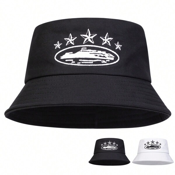 1 pieza Sombrero de cubo para hombre con bordado de estrella de cinco puntas, sombrero de cubo de moda callejera, sombrero de sol casual adecuado para primavera/otoño, exteriores, viajes, playa, fiestas. Sombrero de sol de verano para hombre, adecuado para actividades al aire libre de verano como senderismo y pesca