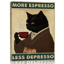 Room Decor 1pc Whimsical Black Cat Coffee Canvas Wall Art, Framed Humorous Poster, Unique Artwork For Coffee Lovers, Ideal For Coffee Shops, Bars, Pubs, Home Kitchens, Ready-To-Hang Gift For Cat Enthusiasts