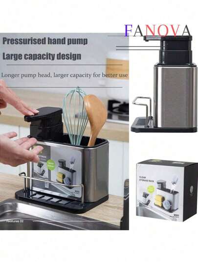 Dispensador de jabón para fregadero de cocina de 1 pieza, soporte para esponja 3 en 1 para fregadero de cocina, organizador de fregadero de cocina de acero inoxidable con soporte para esponja, dispensador de jabón líquido con bandeja de filtración de agua extraíble