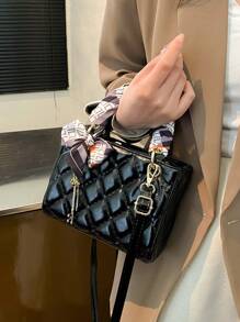 Quilted Pattern Solid Color PU Handbag With Pendant Decoration, Versatile Elegant Women's Crossbody Bag - Black - View 2
