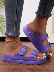 New Fashion Women Sandals With Double Buckle Design, EVA Lightweight & Sturdy Thick Sole, Soft & Comfortable, Anti-Slip & Wear-Resistant, Suitable For Walking, Beach, Street