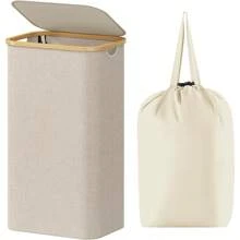 Lifewit Cesto para la Ropa Sucia de 100 L con Tapa, Cesta para la Colada con Asas de Bambú y Bolsa Extraíble, Cesto de Ropa Plegable Grande para Dormitorio, Cuarto de Baño, Dormitorio, Lavadero, Negro - Beis - Ver 1