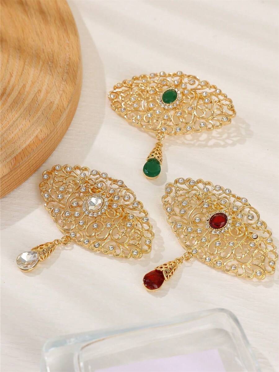 1 件女士金色金属镂空花朵水钻镶嵌吊坠胸针，适合婚礼、派对、节日佩戴 - 胸針 絲巾扣 - 查看 1