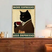 Room Decor 1pc Whimsical Black Cat Coffee Canvas Wall Art, Framed Humorous Poster, Unique Artwork For Coffee Lovers, Ideal For Coffee Shops, Bars, Pubs, Home Kitchens, Ready-To-Hang Gift For Cat Enthusiasts