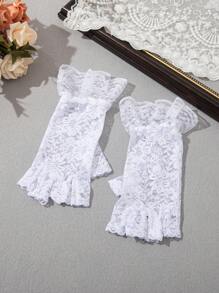 1 Pair White Bride Wedding Lace Half Finger Gloves, Suitable For Wedding Outfit Matching